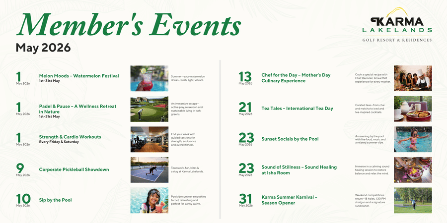 A neatly designed Member’s Events calendar for May 2026 by Karma Lakelands, showcasing scheduled activities with dates and small thumbnail images on a clean, light background.