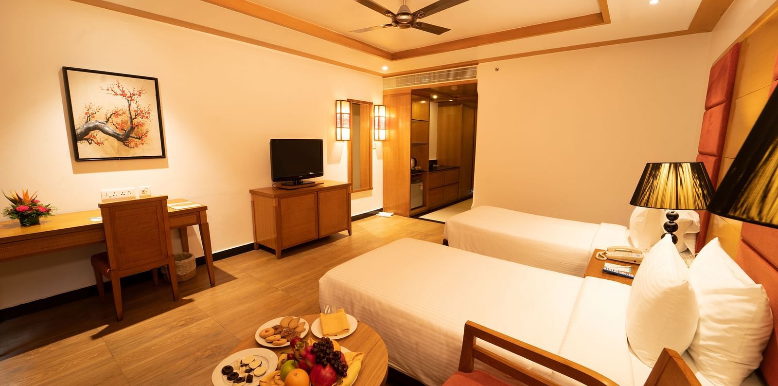 Cascade Room Interior with twin bed at Ocean Spray, Pondicherry