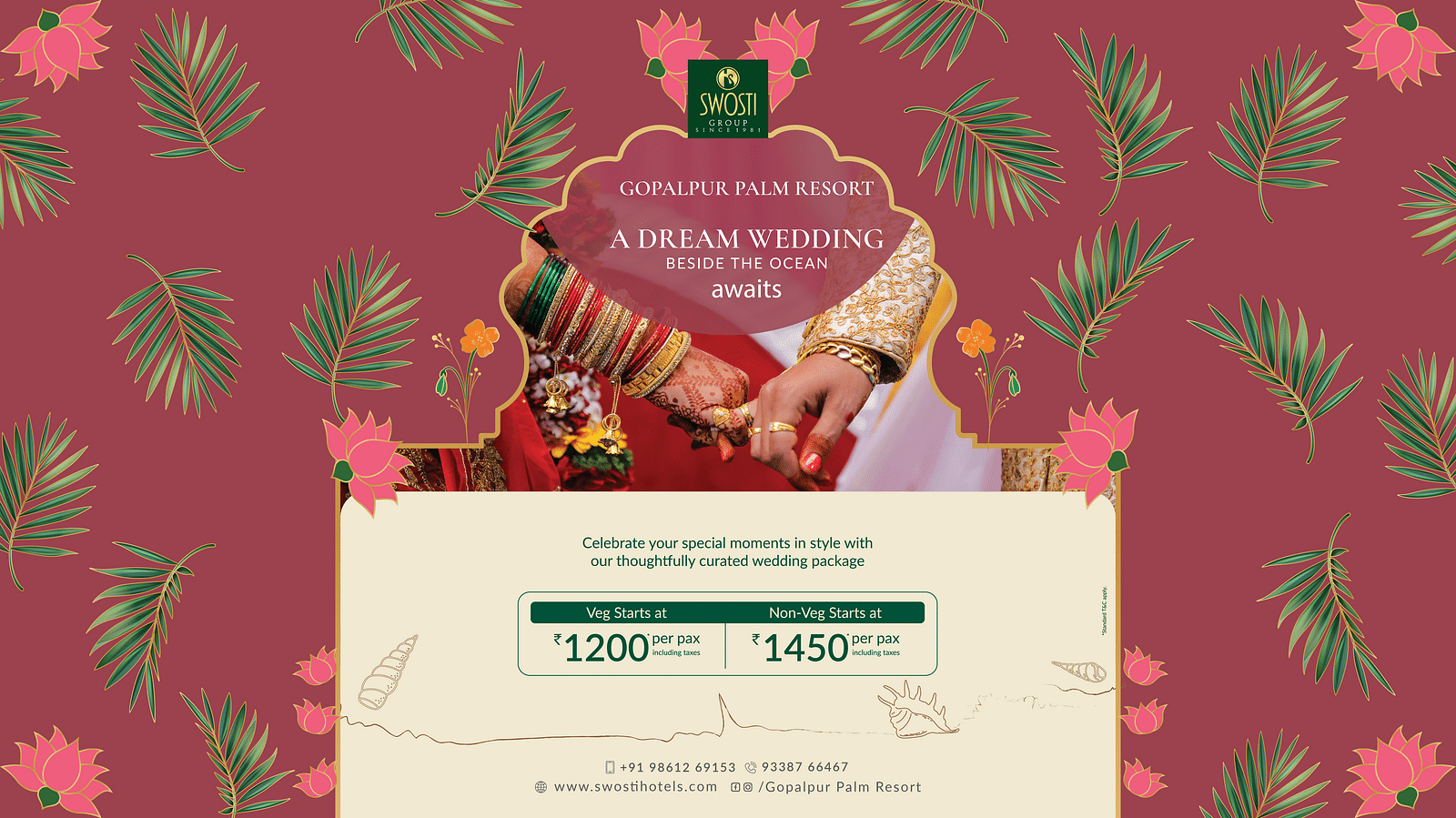 Wedding promotion poster for Gopalpur Palm Resort by Swosti Group, featuring a couple’s hands, package rates, floral design, and contact details.