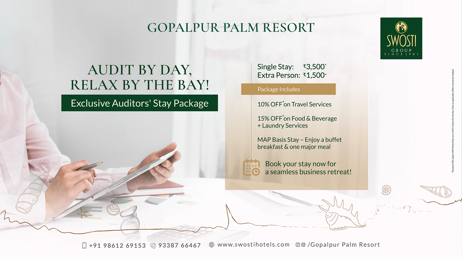 Promotional creative for Gopalpur Palm Resort's 'Exclusive Auditors' Stay Package' featuring a business professional working on a tablet. 