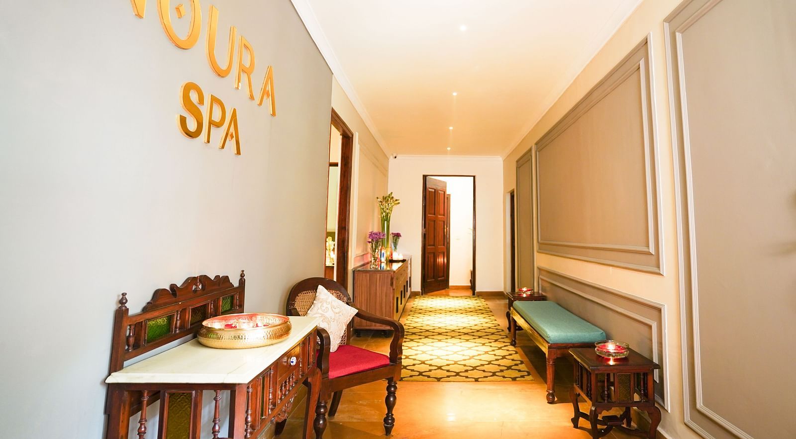 Lobby area of Noura Spa at Saraca Hotel Lucknow showing the seating area