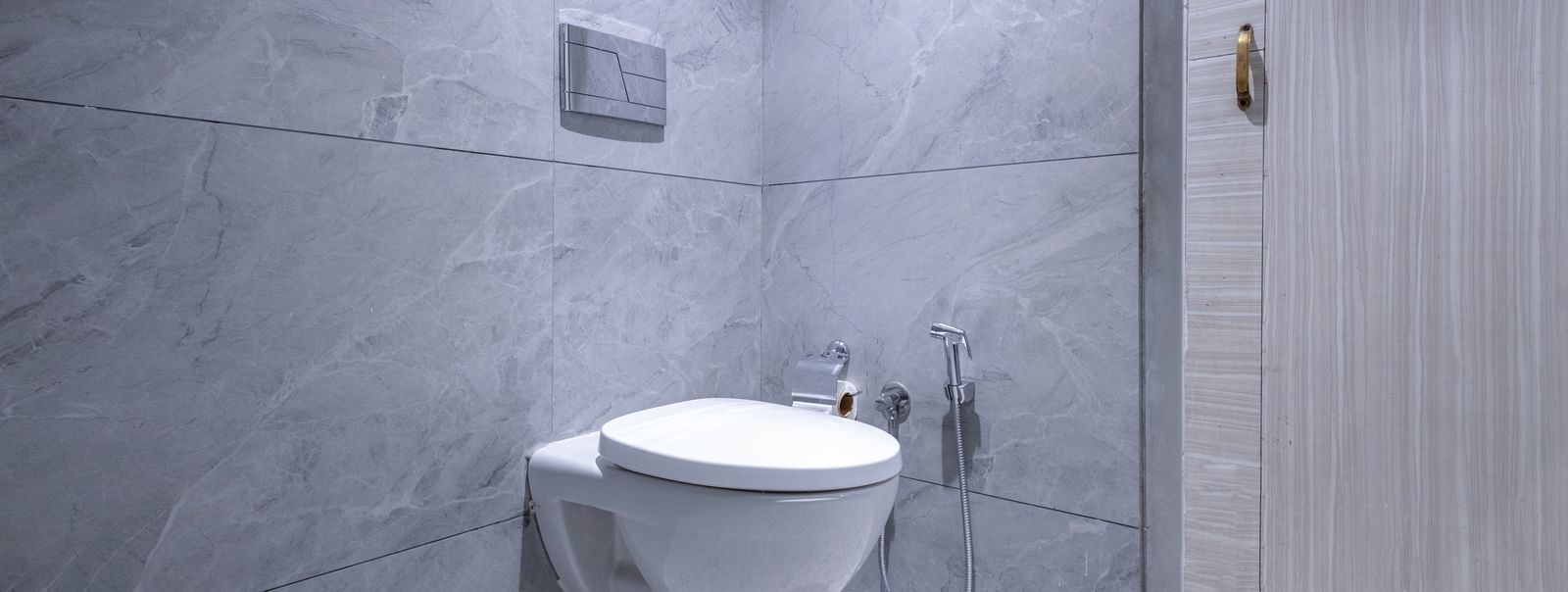 Grey bathroom with a toilet and marble flooring at Hotel Downtown17, Chandigarh.