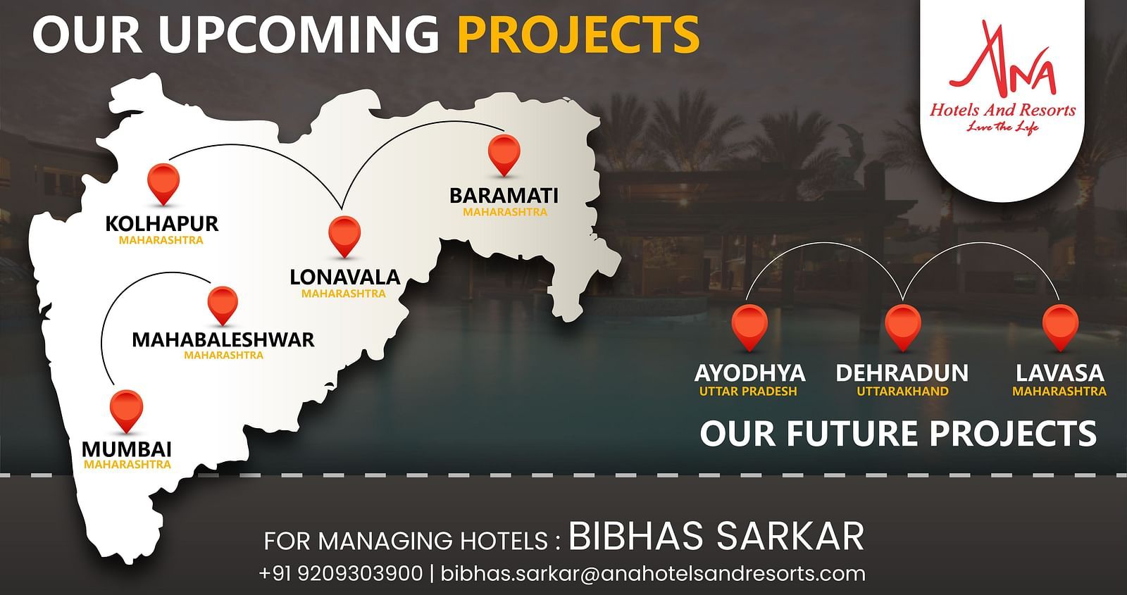 A creative image on the upcoming projects in Kolhapur, Lonalva, Mahabaleshwar, Baramati and Mumbai.