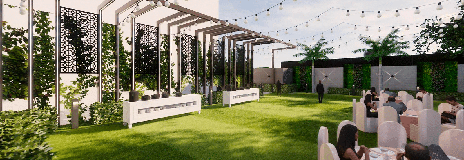 Neatly decorated open air lawn space with tables and chairs arranged in a neat manner  appearing to be  an elegant wedding setting  making it one of the best wedding venues in Lucknow - Gemini Continental