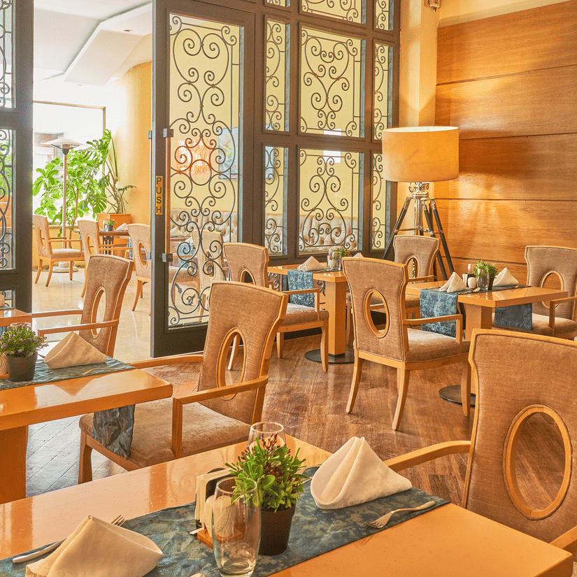 Restaurant dining area with wooden tables and chairs, folded napkins, placemats, potted plants as centerpieces, large decorative glass windows, and warm inviting ambiance.