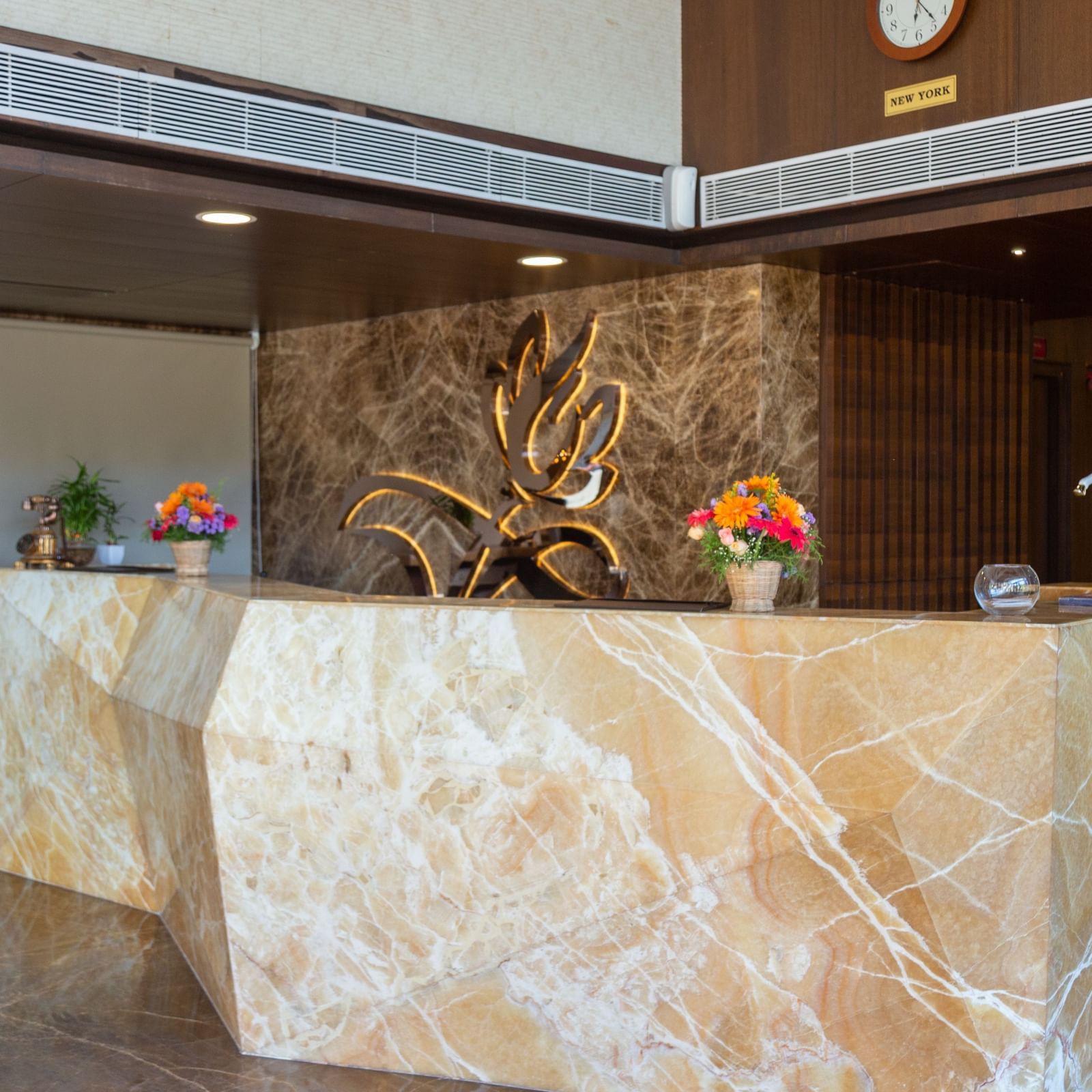 Hotel reception with decorations kept on the reception desk at Hotel Park Elanza, Chennai