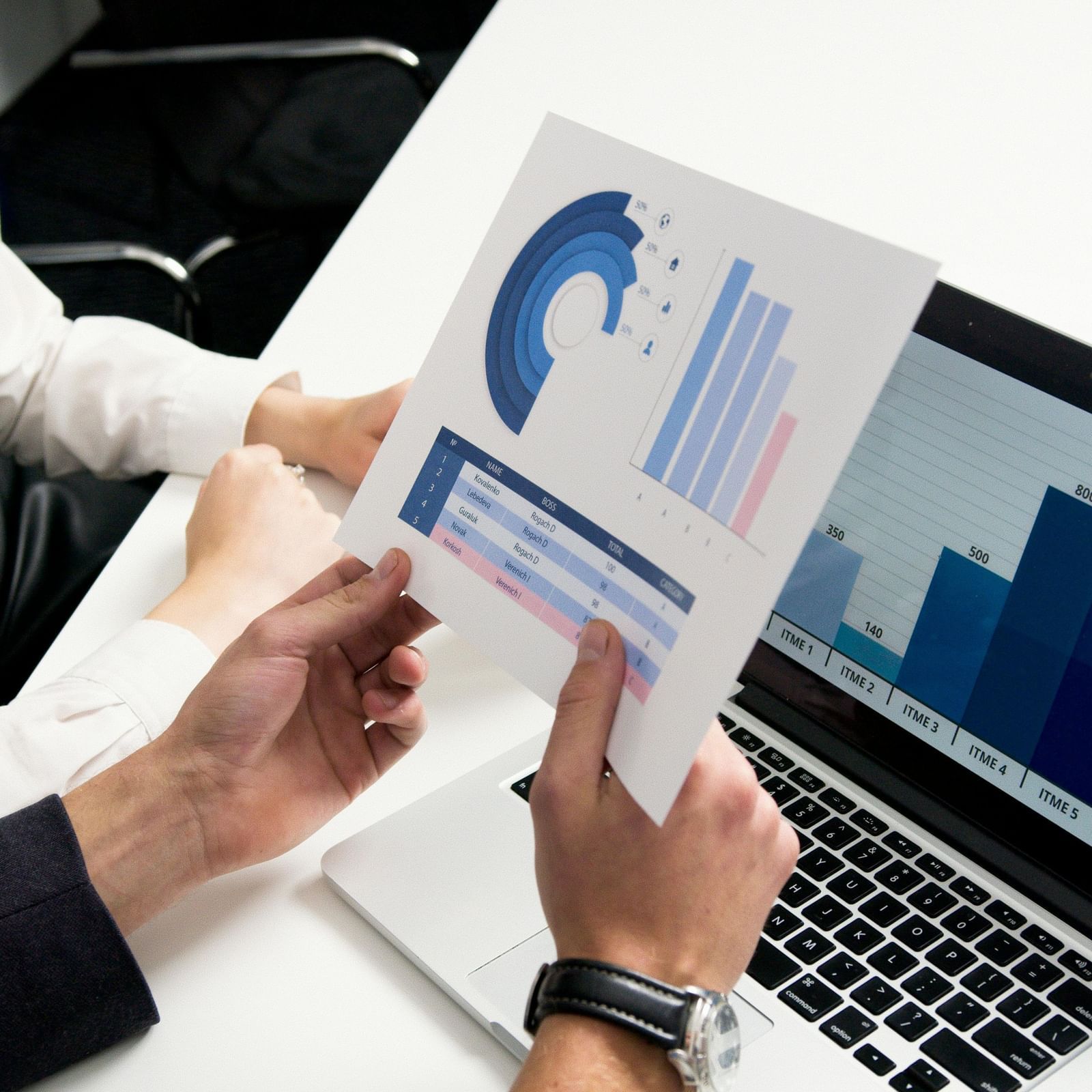 2 people analysing printed charts and a laptop showing bar and pie graphs.
