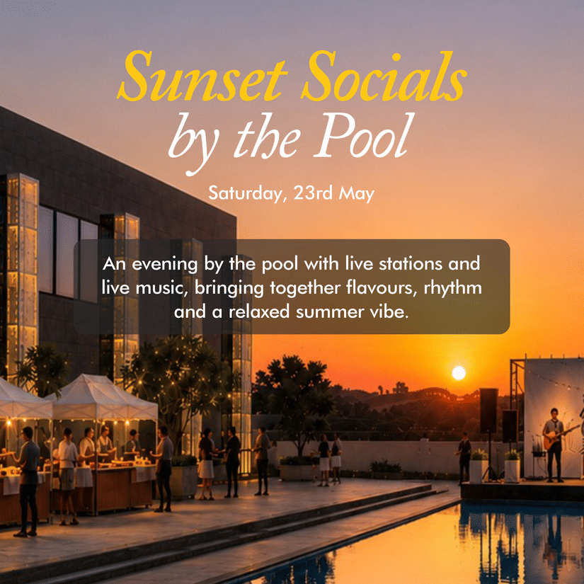 A promotional poster of 'Sunset Social by the Pool' dated 23rd May 2026 at Karma Lakelands featuring live music, buffet stations, and guests enjoying an evening gathering at sunset.
