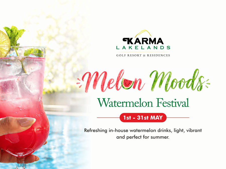 A promotional poster for Karma Lakelands showcasing a refreshing melon-based drink held near a poolside, with text announcing 'Melon Moods Weekend Fiesta', along with event details.