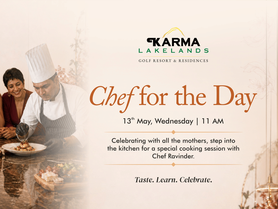 A promotional poster for 'Chef for the Day' at Karma Lakelands, featuring a chef guiding guests in a cosy cooking setup with floral decor and soft lighting.