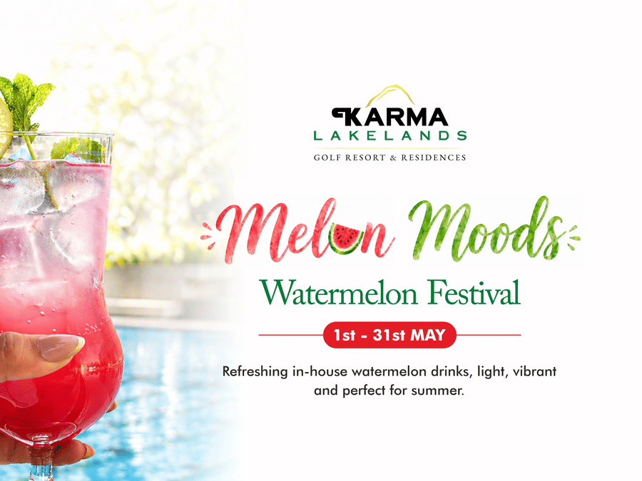 A promotional poster for Karma Lakelands showcasing a refreshing melon-based drink held near a poolside, with text announcing 'Melon Moods Weekend Fiesta', along with event details.