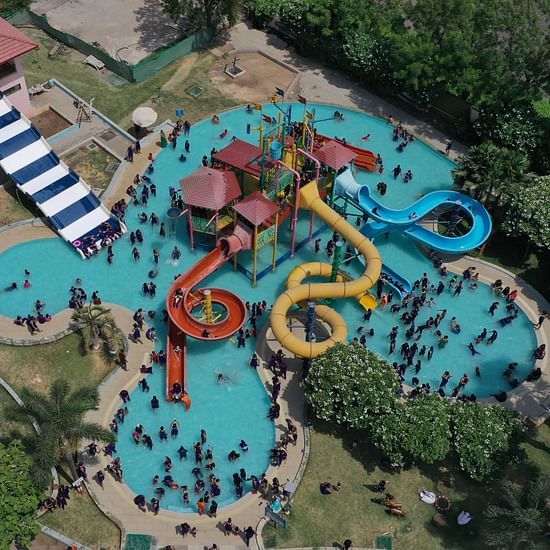 An aerial view of the pool and slides 