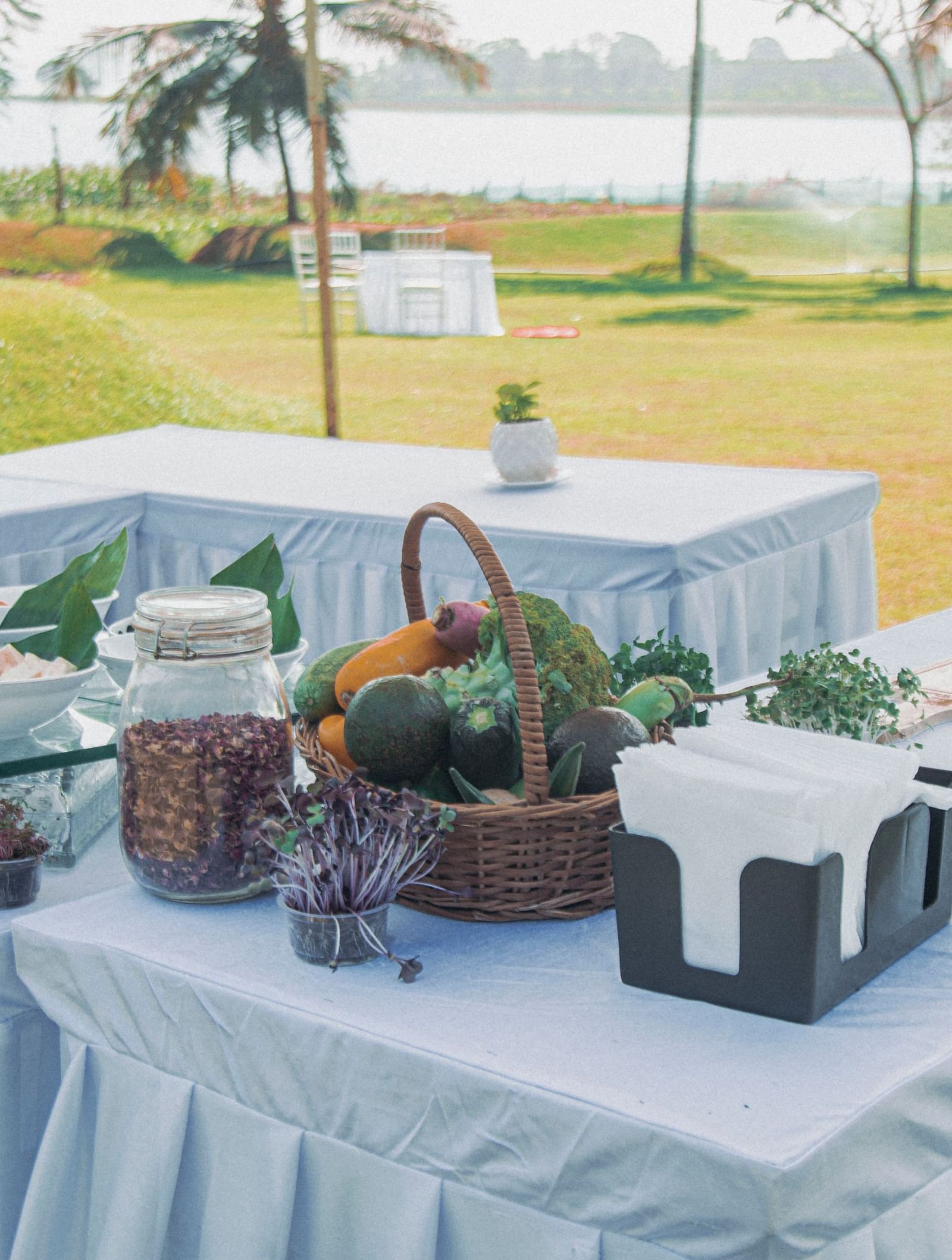 Outdoor buffet arrangement on a lawn with tables covered in white cloth and various condiments displayed at Fireflies Resorts, Kabini.