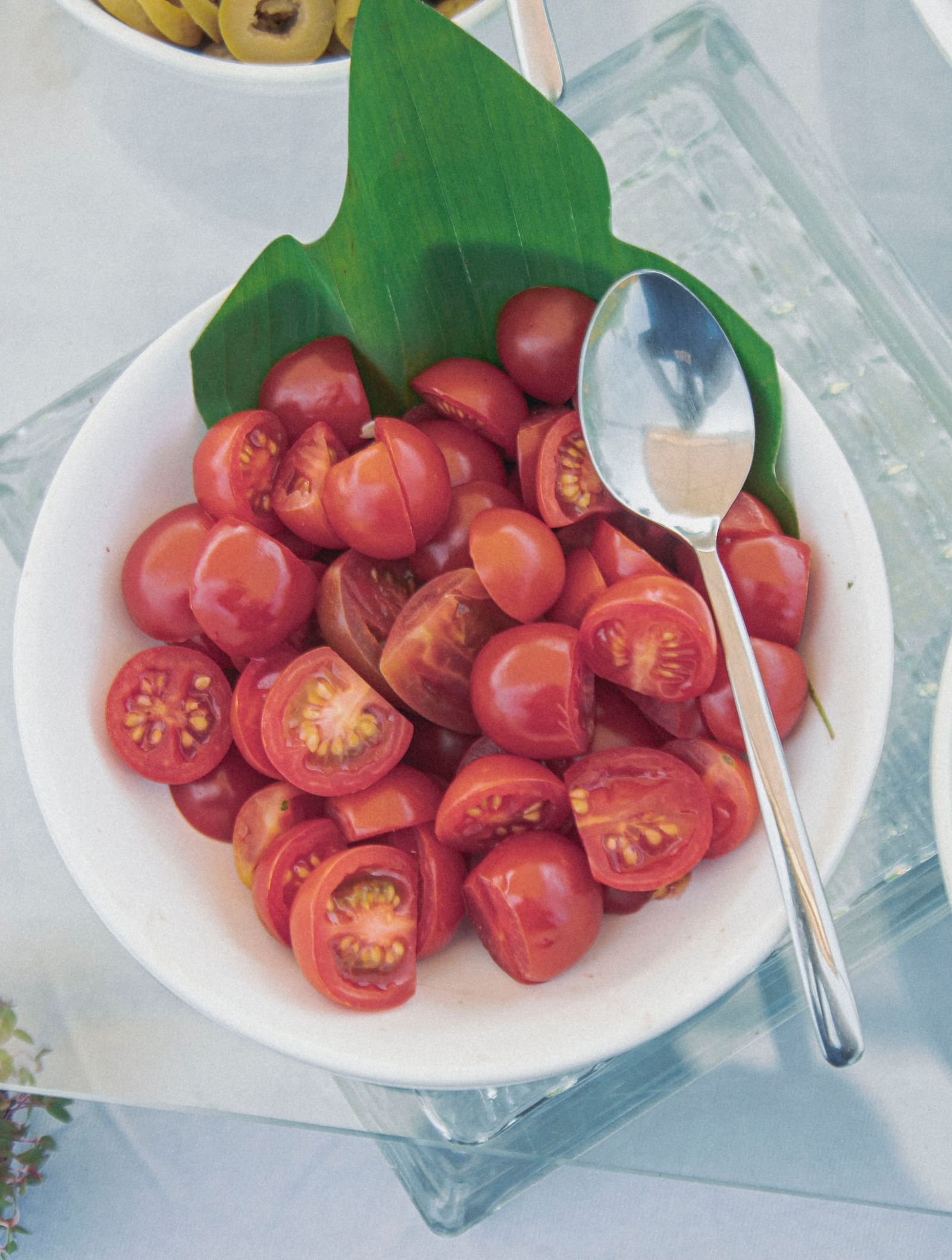Close-up of salad bowls with cherry tomatoes, avocado, and prawns on a glass counter at Fireflies Resorts, Kabini.