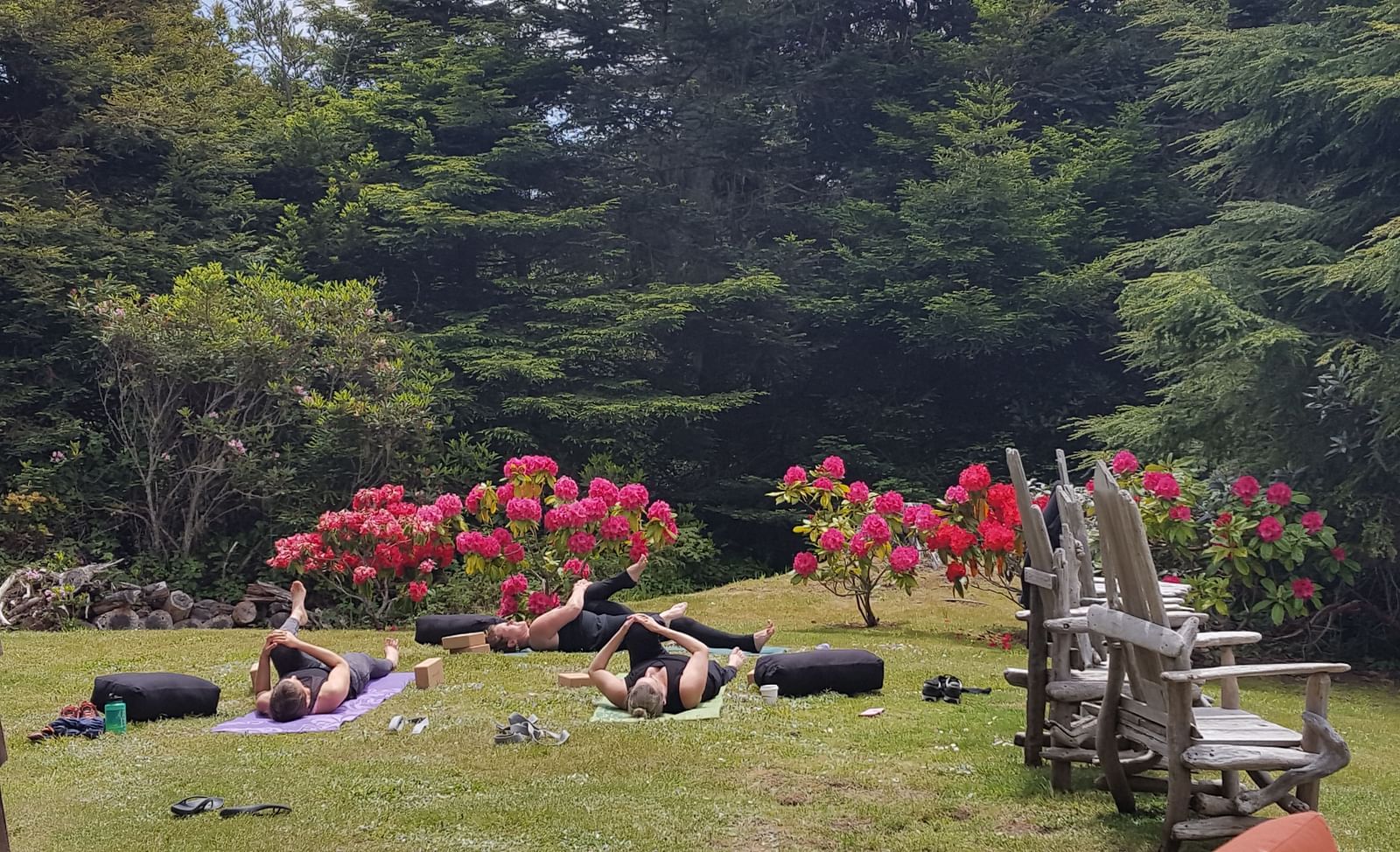 A private yoga session on a well manicured lawn surrounded by lush greenery | Brewery Gulch Inn & Spa