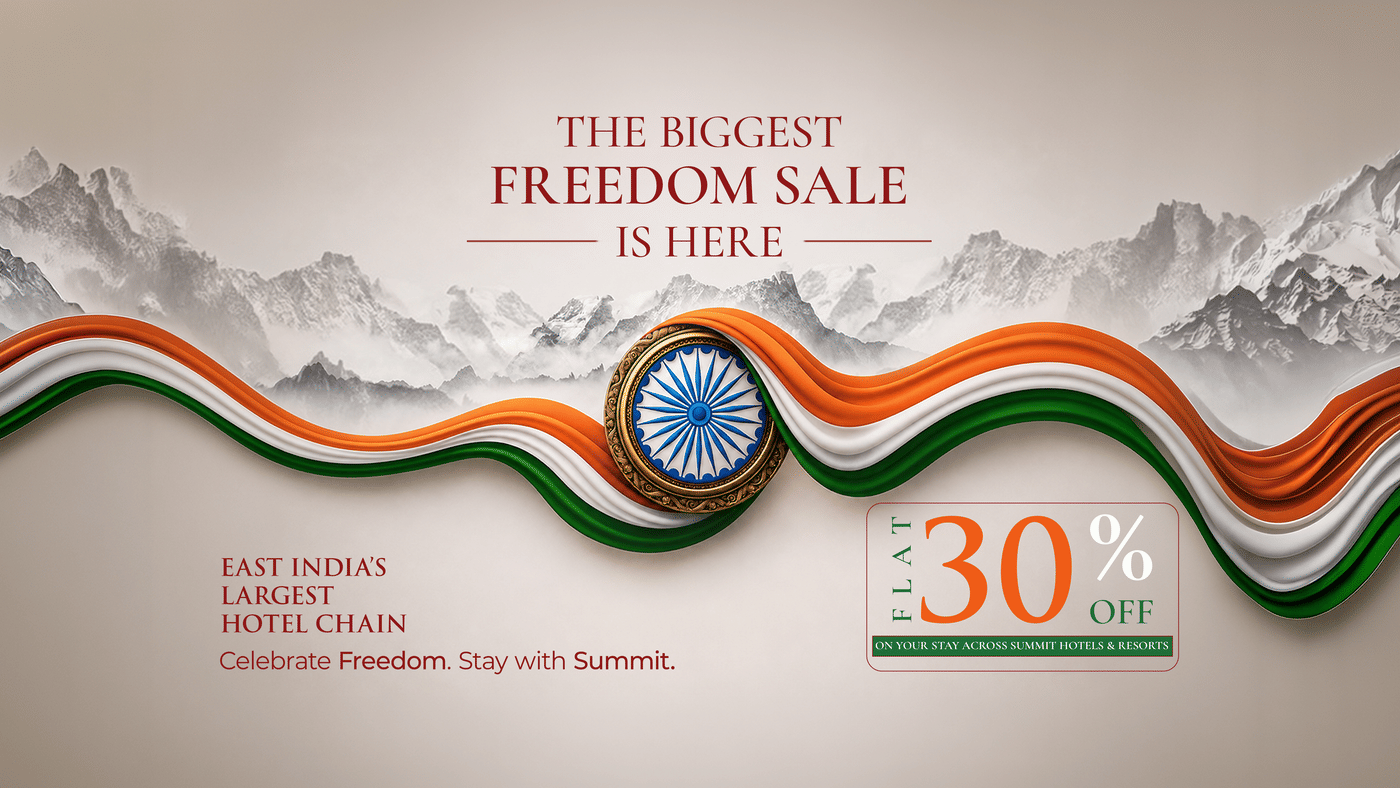 Enjoy 30% flat discount on your stay across all the Summit properties. The banner features colours of the Indian flag which is saffron, green, and white and a wheel. The background displays snowy mountains.