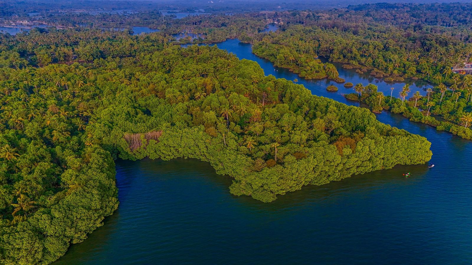 Aerial view of a resort with villas on a riverbank with a view of the water.