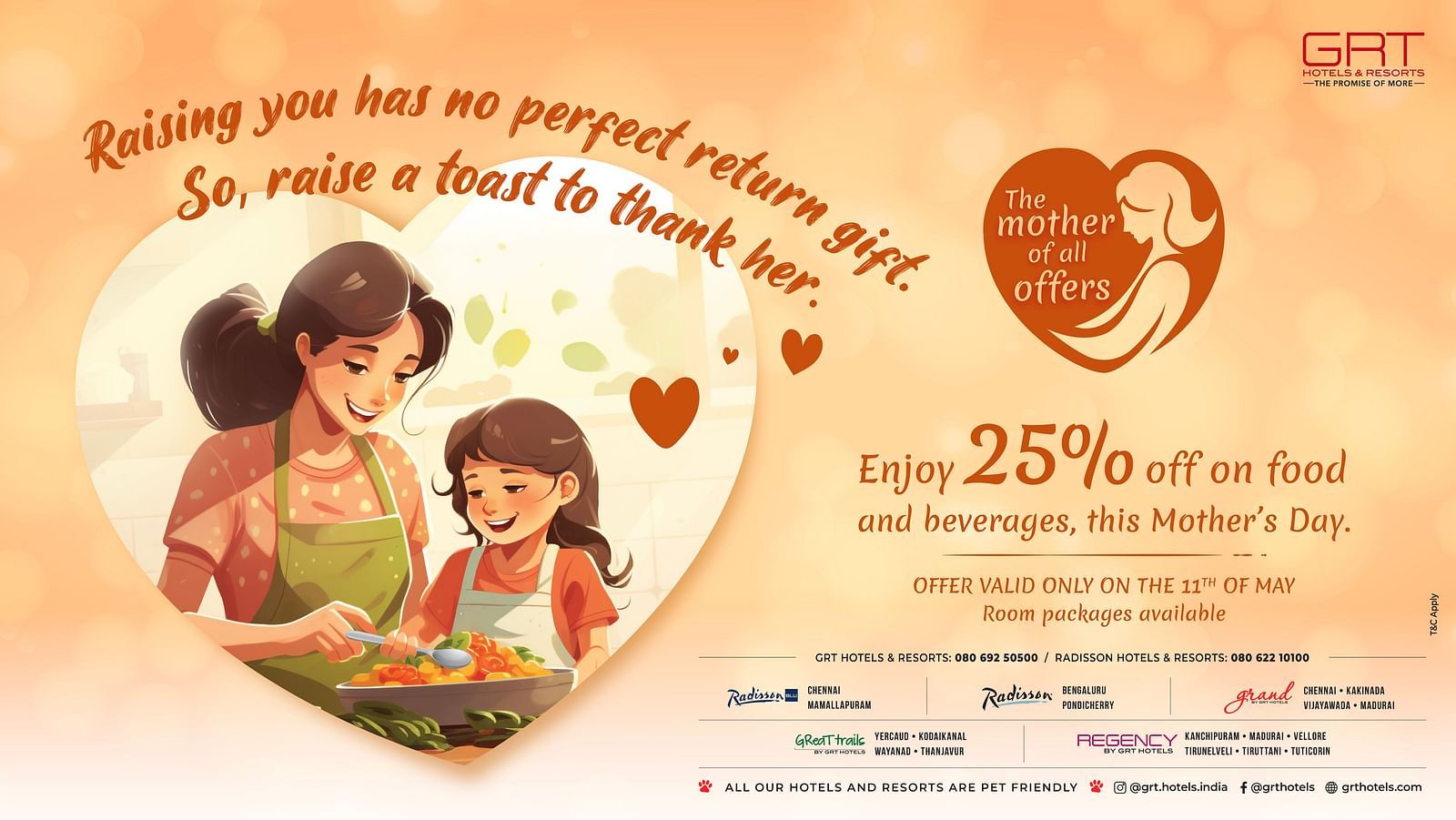 Mothers day celebration on 11th May at GRT hotels which includes 25 percent discount on Food and beverages 