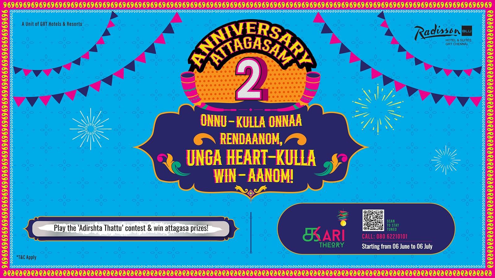 Vibrant blue anniversary poster with colourful bunting, fireworks, and 2 prominently displayed. Features Tamil text and contest details for Kari Theory restaurant celebration.