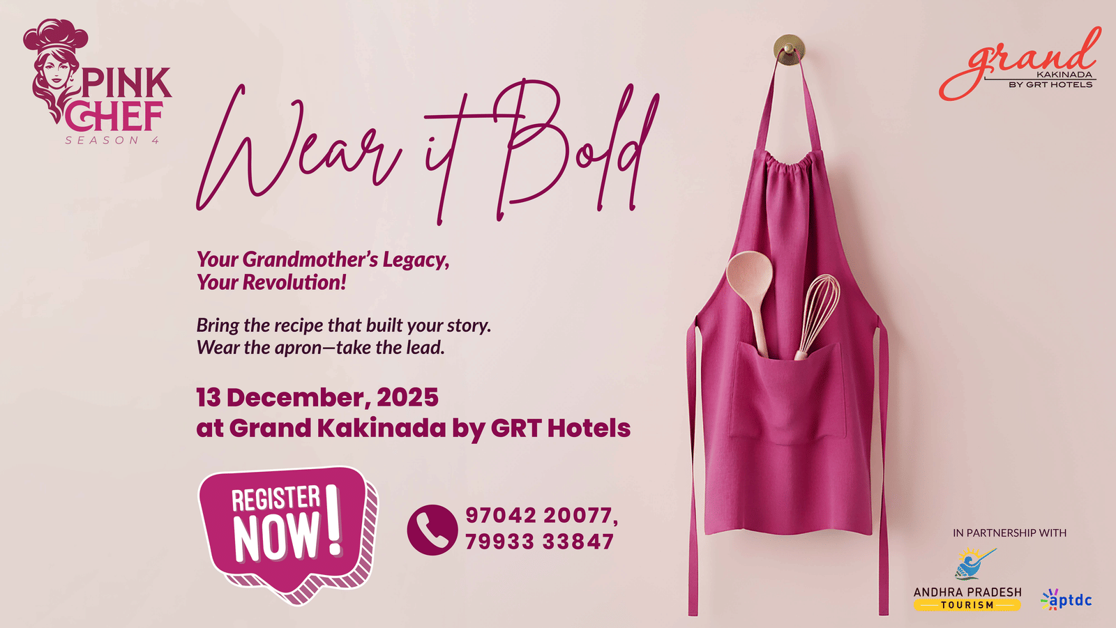 A promotional poster for Pink Chef Season Four featuring a pink apron with cooking tools, event details for a women’s cooking competition at Grand Kakinada by GRT Hotels.