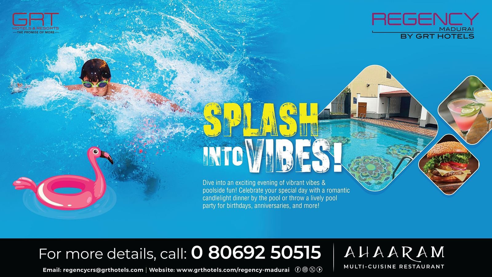 Creative featuring the 'Splash into Vibes' poolside offer at Regency Chennai by GRT Hotels, showcasing a child swimming in the pool