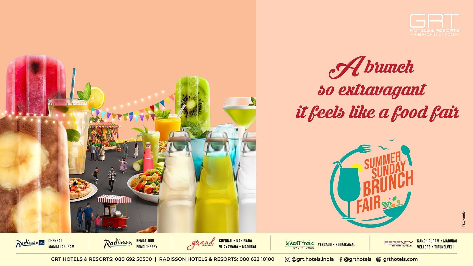 A vibrant illustration of a summer brunch fair with colorful popsicles, drinks, food stalls, and people enjoying a festive outdoor setup under string lights and bunting. 