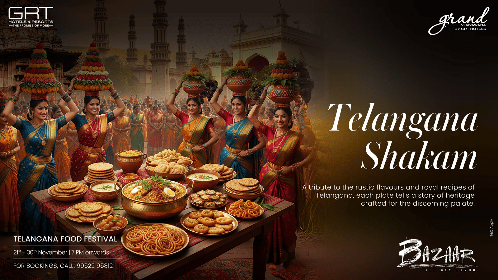 Promotional creative featuring Telangana Shakam with vibrant cultural visuals, traditional attire and authentic regional dishes set against iconic Telangana landmarks.
