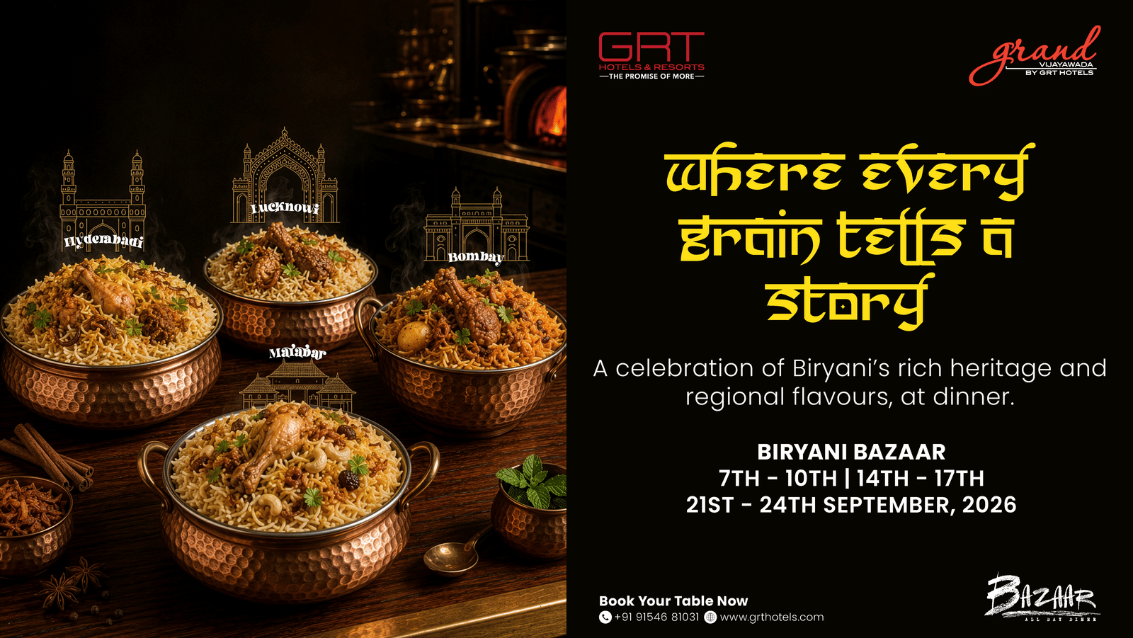 Promotional creative showcasing an enticing spread of aromatic rice dishes, inviting guests to savour a delicious culinary experience.
