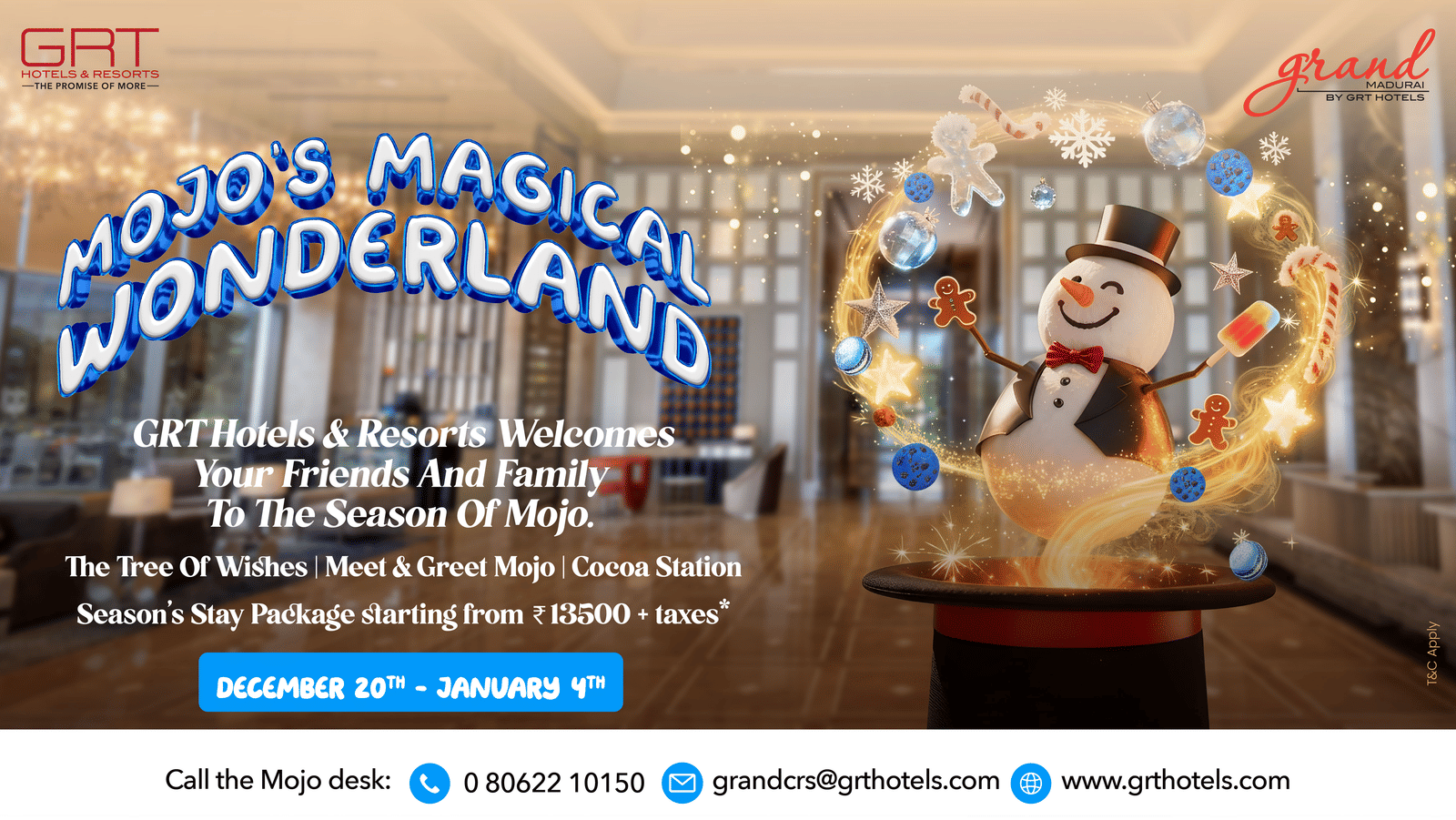 Christmas-themed promotional banner at Grand Madurai GRT Hotels & Resorts with bright artwork and seasonal décor touches.