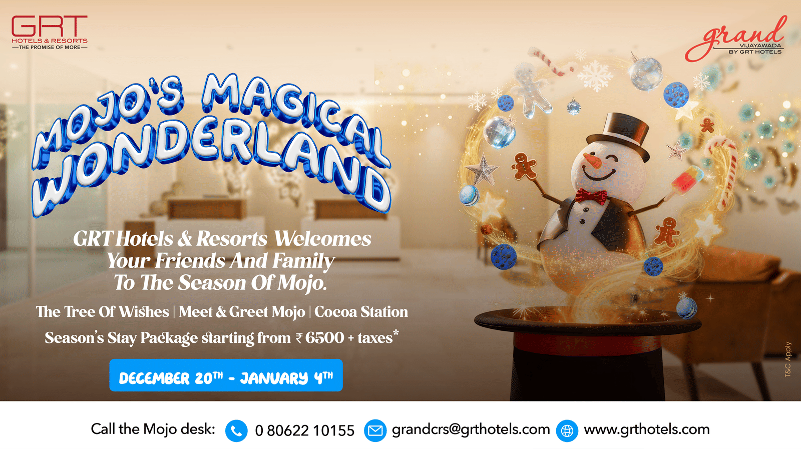 Holiday celebration banner at Grand Vijayawada GRT Hotels & Resorts featuring festive graphics and softly lit decorative elements.