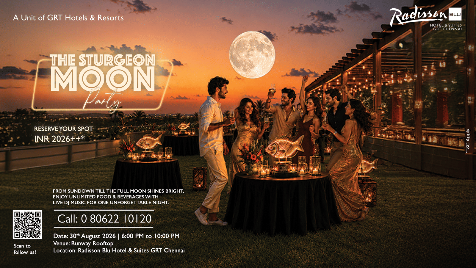 The Sturgeon Moon Party at Radisson Blu Hotel & Suites GRT Chennai with live DJ music, unlimited food and beverages at Runway Rooftop