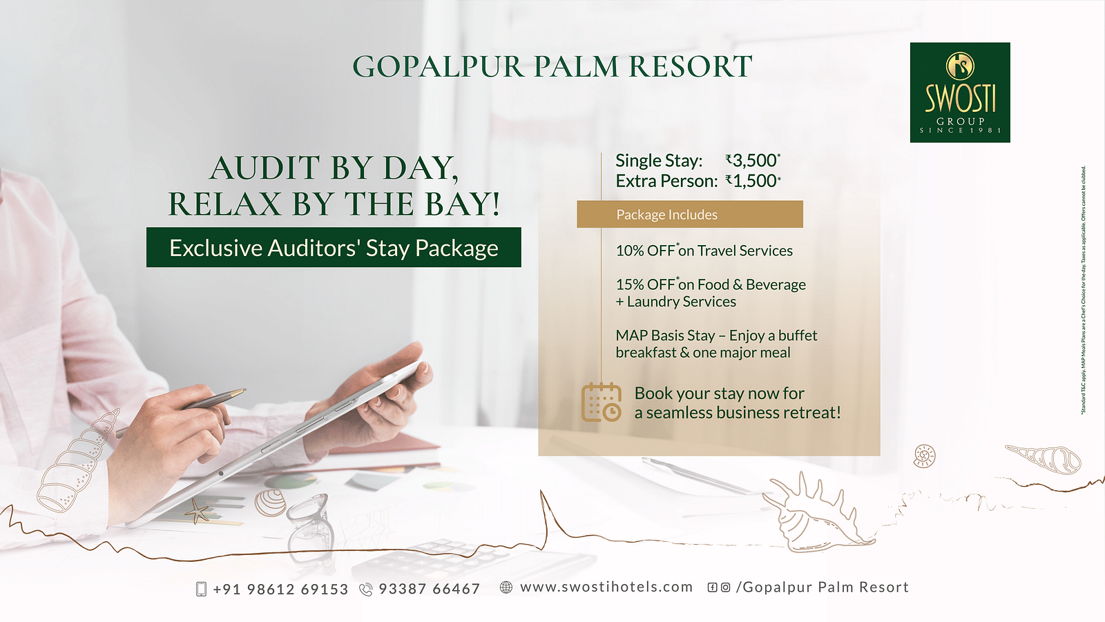 Promotional creative for Gopalpur Palm Resort's 'Exclusive Auditors' Stay Package' featuring a business professional working on a tablet. 