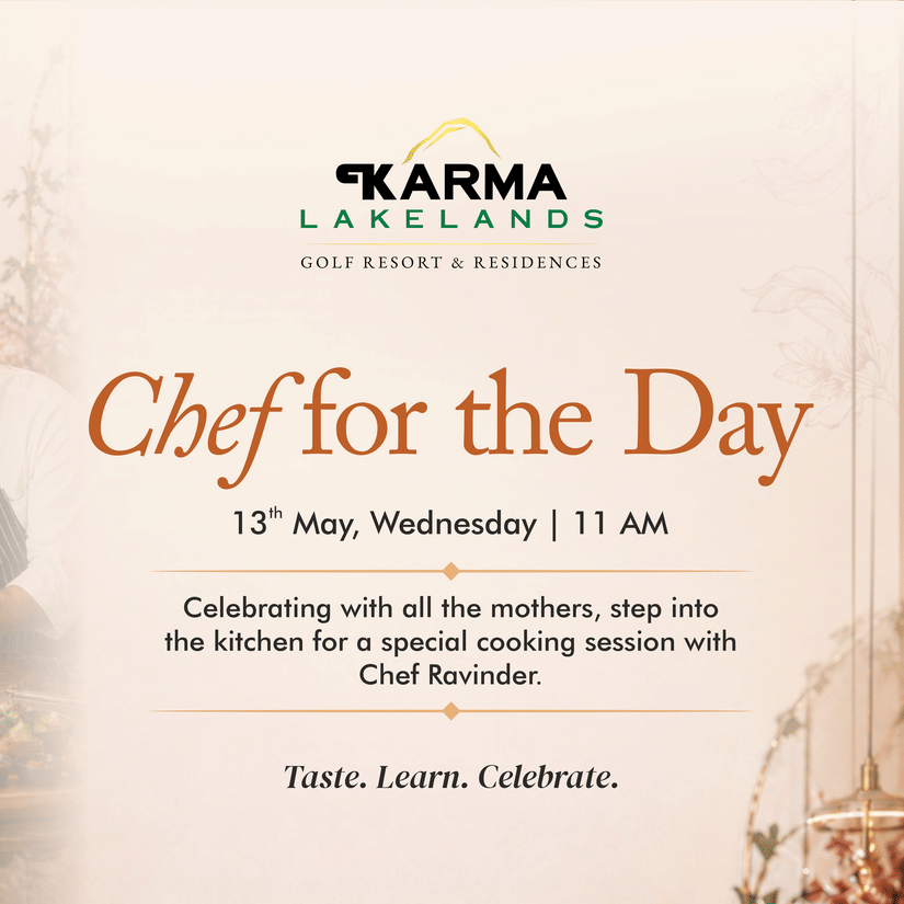 A promotional poster for 'Chef for the Day' at Karma Lakelands, featuring a chef guiding guests in a cosy cooking setup with floral decor and soft lighting.