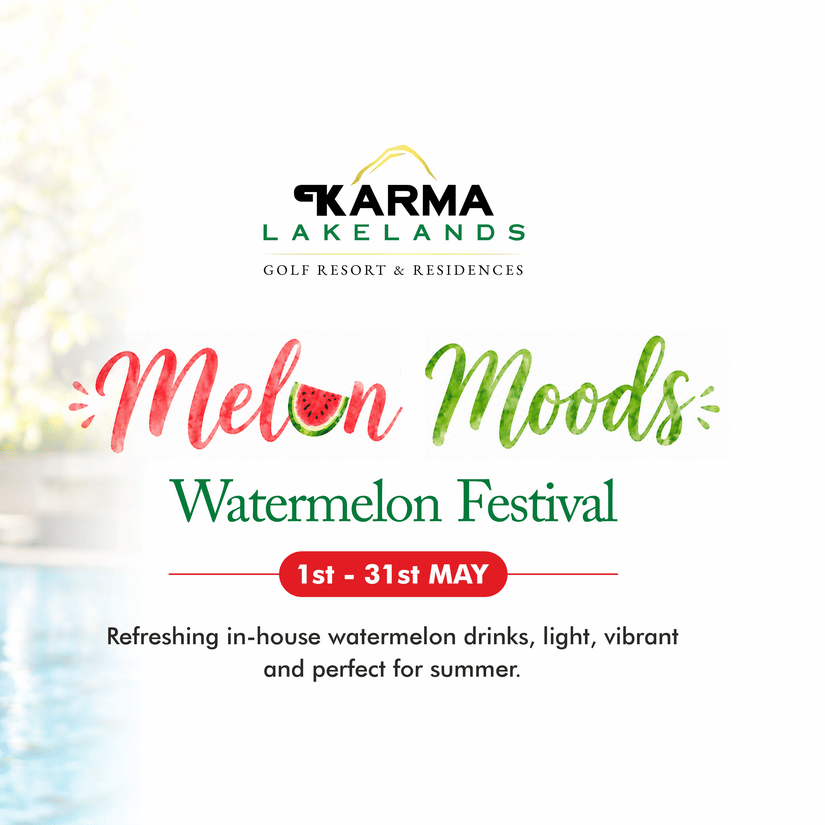 A promotional poster for Karma Lakelands showcasing a refreshing melon-based drink held near a poolside, with text announcing 'Melon Moods Weekend Fiesta', along with event details.