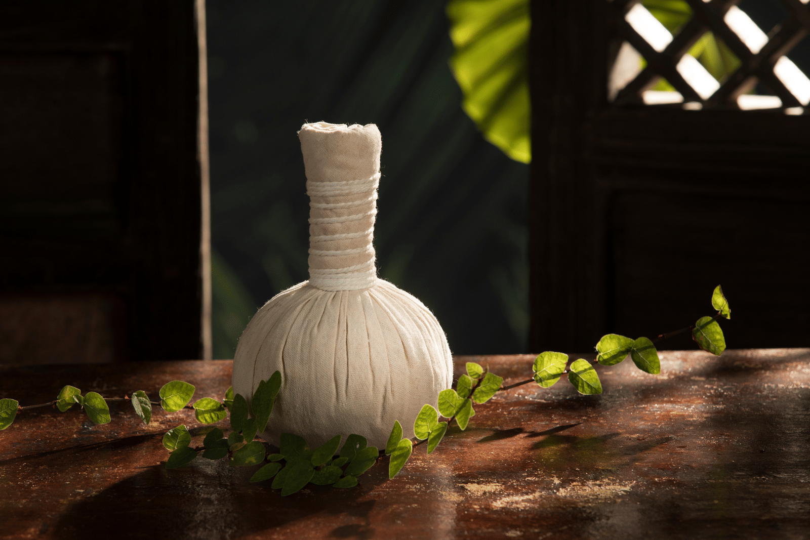 A single, traditional herbal massage ball rests on a polished wooden surface, with a small green vine beside it at Rhythm Kumarakom