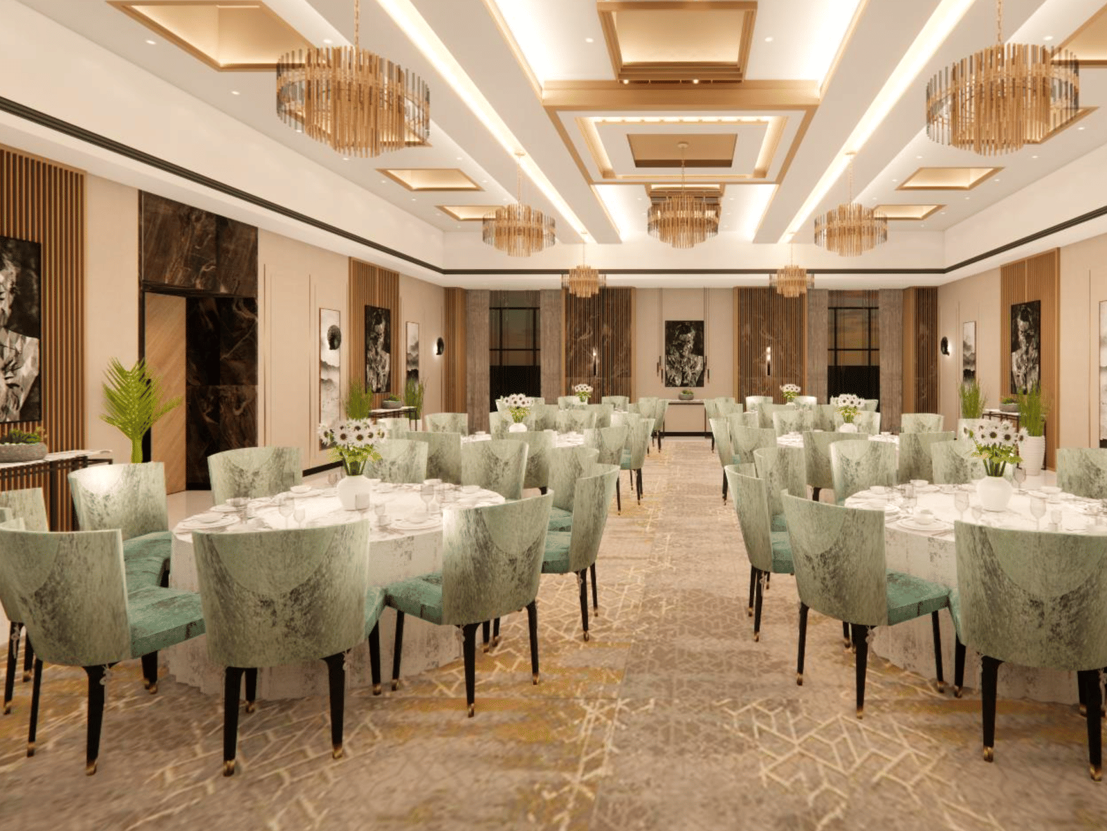 A large, elegant banquet hall is set up with multiple round tables and light-coloured chairs, featuring modern chandeliers and wall art | Galaxy 1 | Gemini Continentall