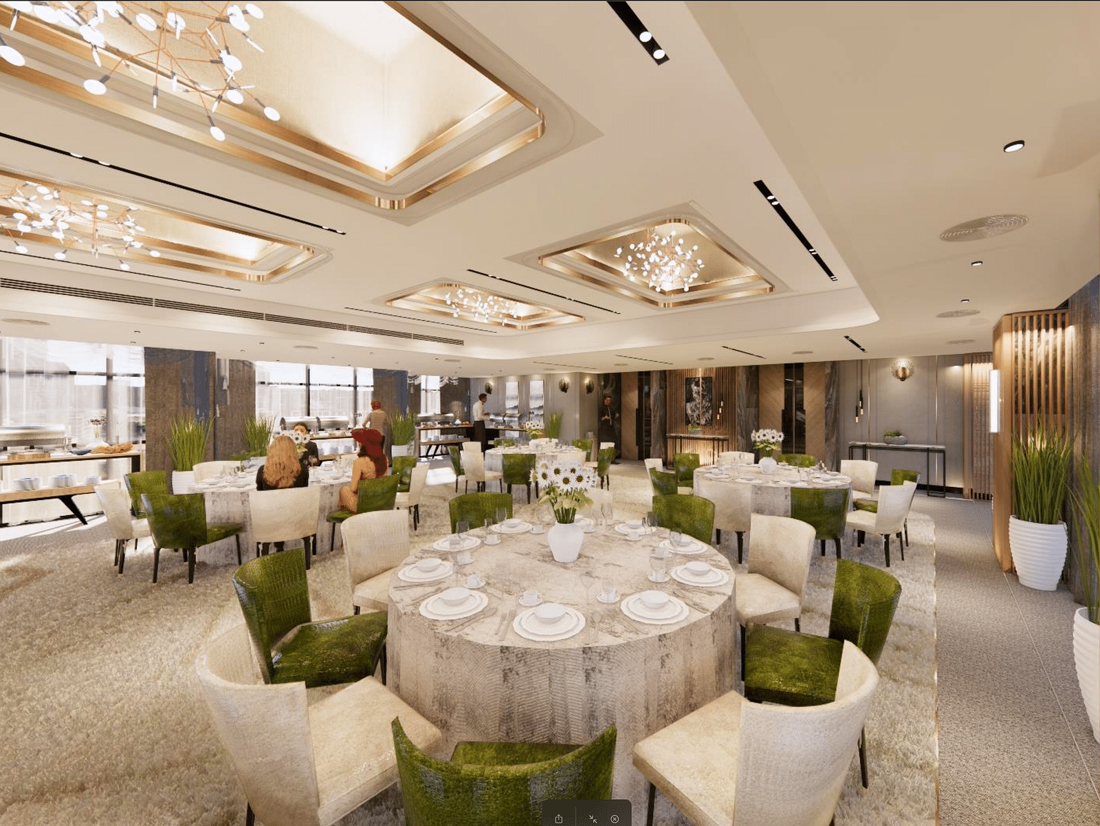 An overview of the seating arrangement inside Zaika with white and green chairs inside Gemini Continental.