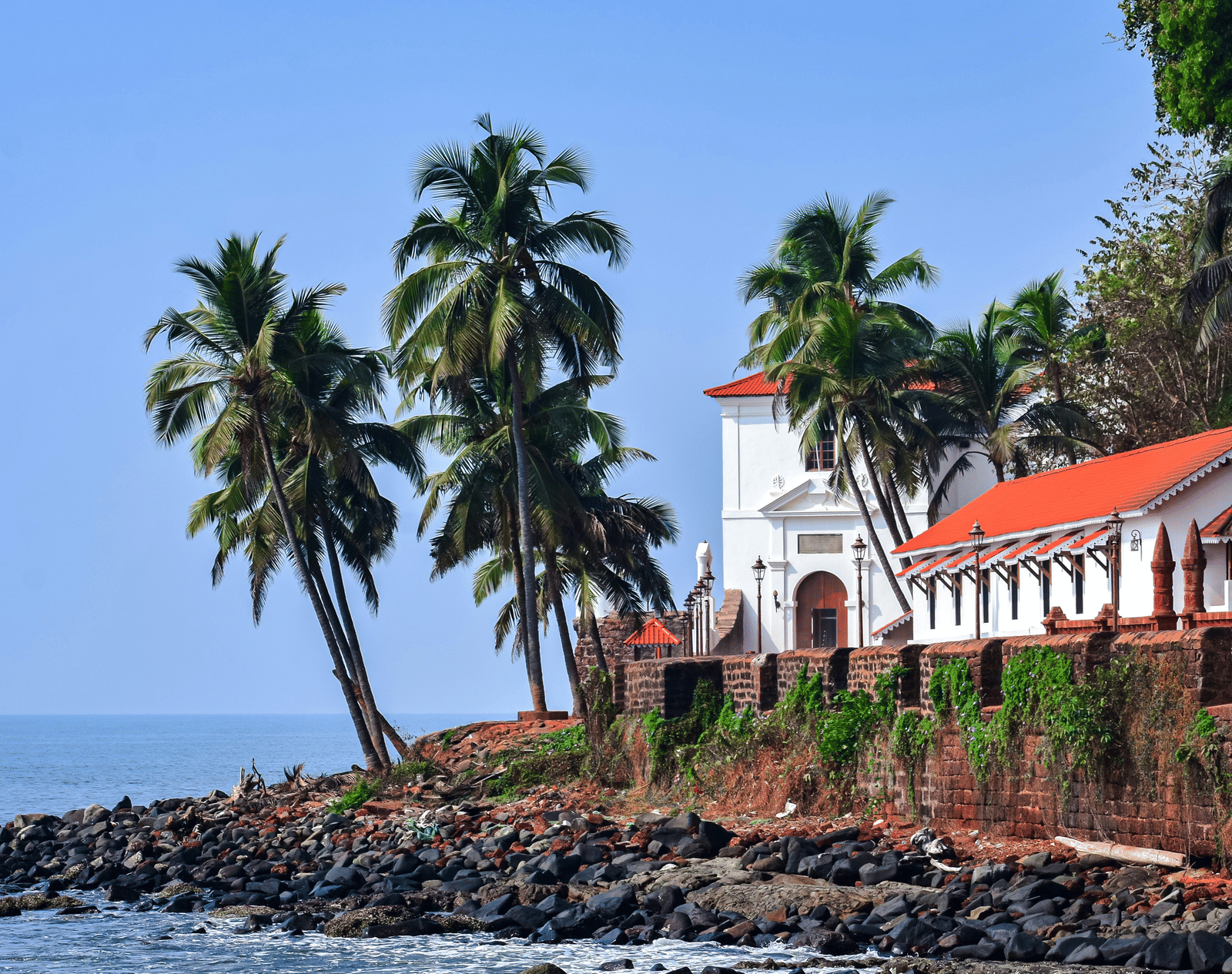 A house perched on a cliff by the sea, surrounded by palm trees.