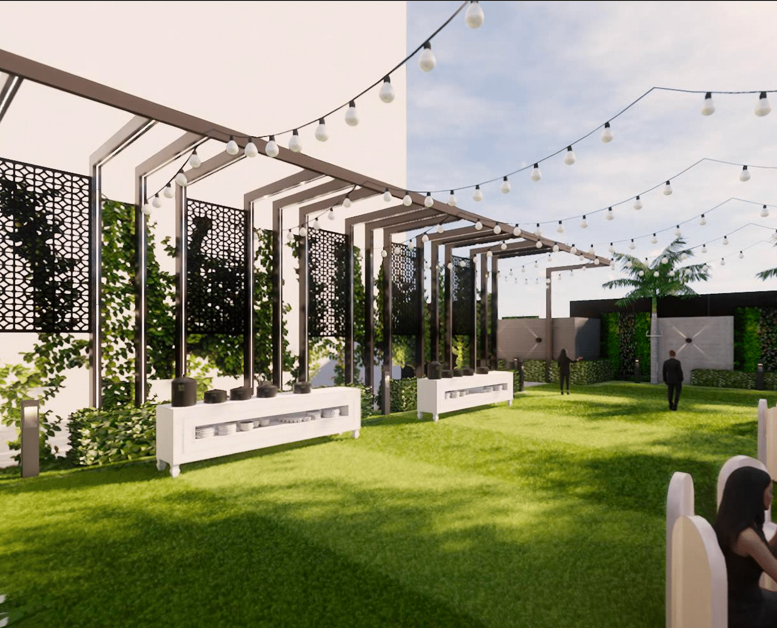 Neatly decorated open air lawn space with tables and chairs arranged in a neat manner  appearing to be  an elegant wedding setting  making it one of the best wedding venues in Lucknow - Gemini Continental