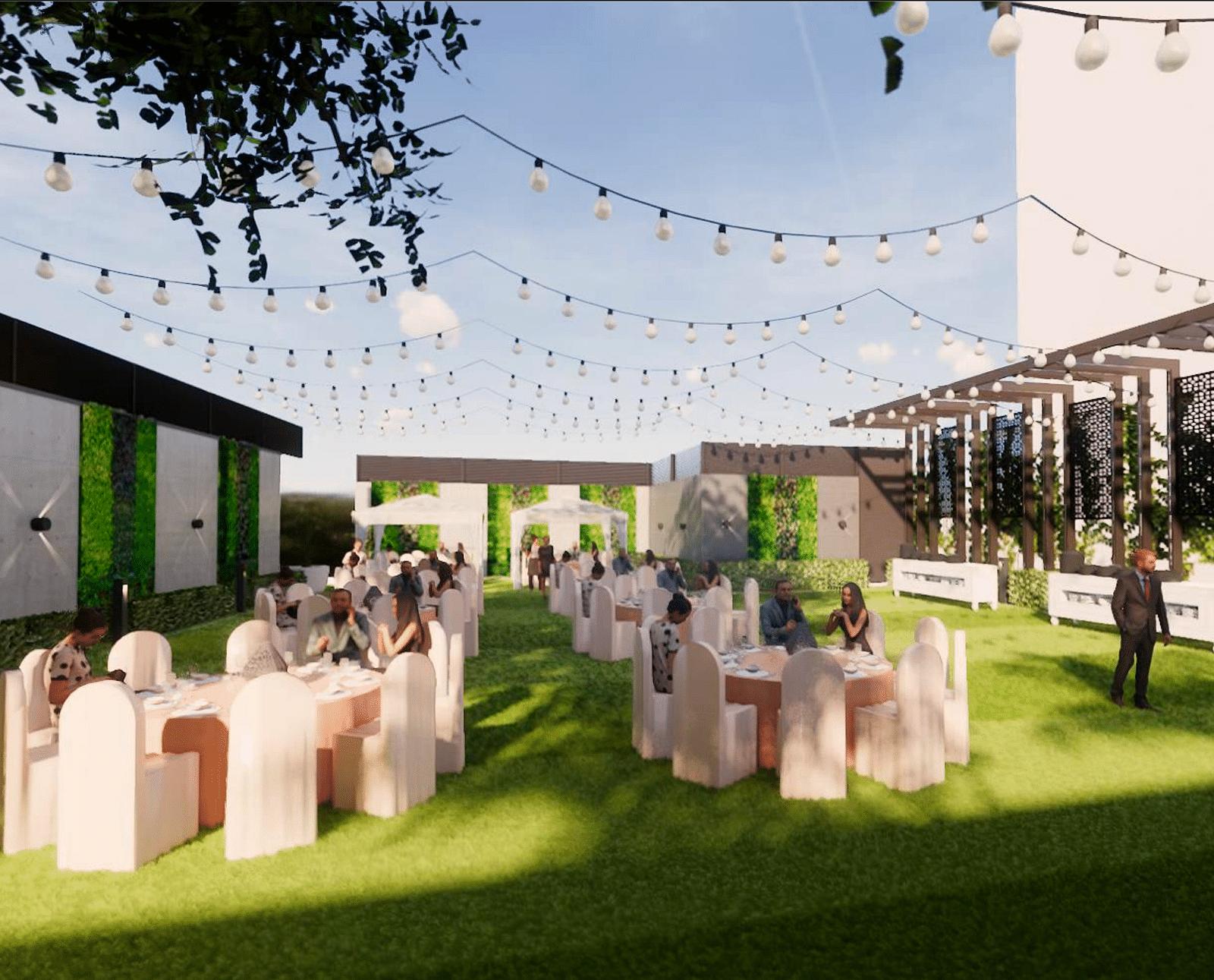 Lawn space with tables and chairs decorated and arranged for a proper setting with strings of lights above and the building of the hotel in the background ideally making it one of the best wedding  venues in Lucknow 