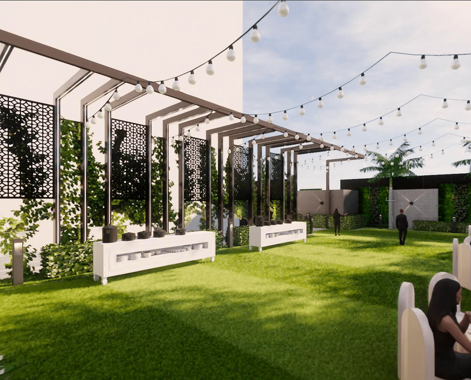 Neatly decorated open air lawn space with tables and chairs arranged in a neat manner  appearing to be  an elegant wedding setting  making it one of the best wedding venues in Lucknow - Gemini Continental
