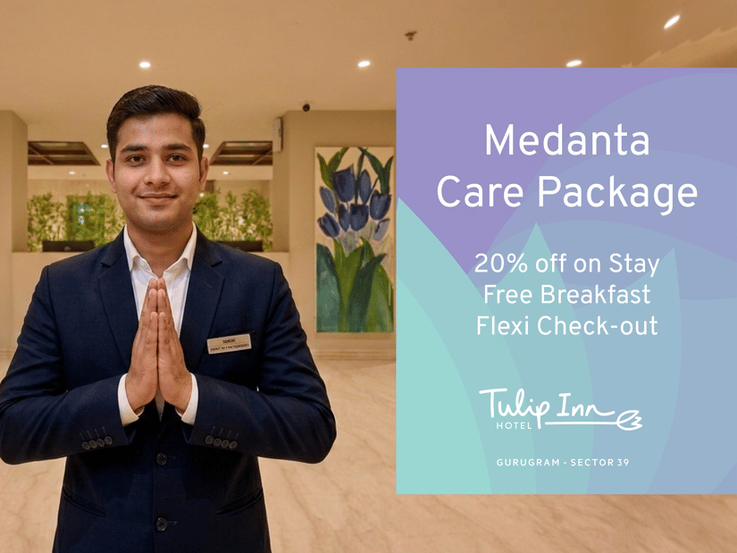 A creative banner featuring a hotel staff inviting guest for Medanta Care Package offer 20 percent off on room rates, free breakfast, and flexible check-in.