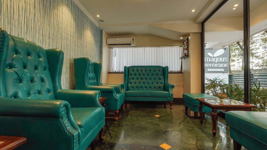 Blue sofa with glass windows