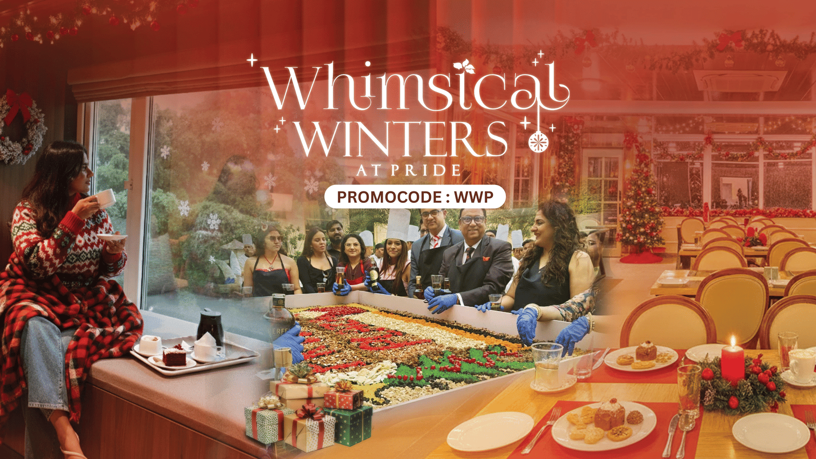 Whimsical Winter Package at Pride Hotels and Resort featuring a woman sipping tea, a group of people gathered around food art, and a banquet hall.