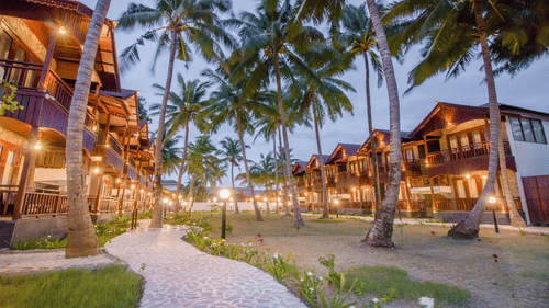 A view of the coconut trees on the courtyard featuring sloped roof houses at our beach resort in Andaman, Symphony Summer Sand Beach Resort And Spa, Neil Island.