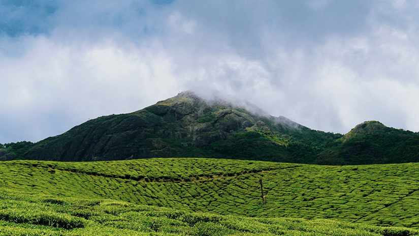 A mountain with green slope under a clouded sky