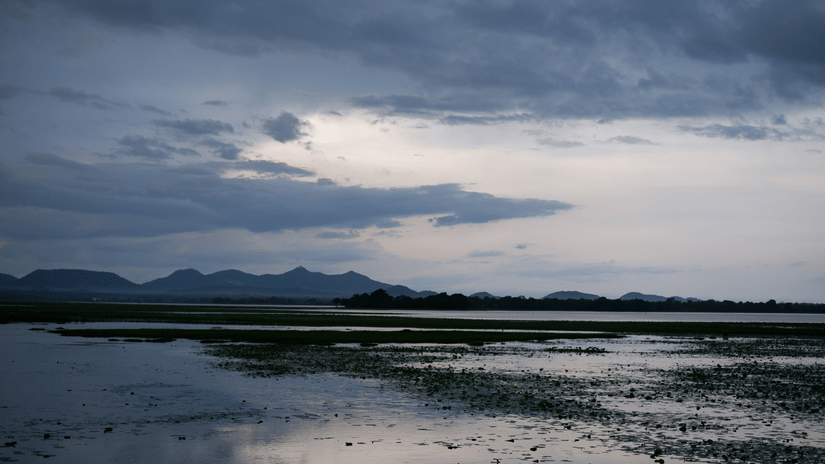 Expansive tidal flats stretch towards distant hills beneath brooding clouds during monsoon in Kochi