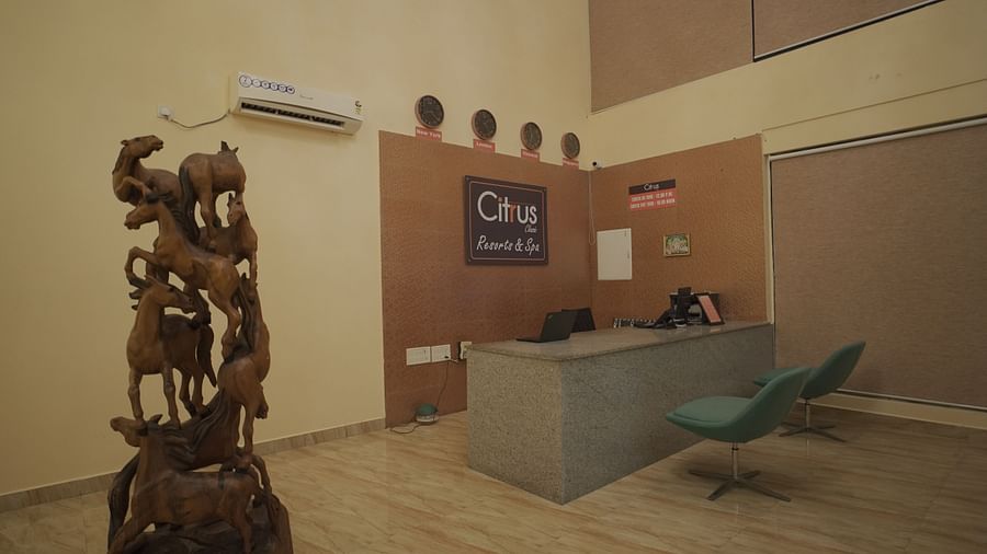 The reception area at Citrus Classic Resorts & Spa Mahabalipuram ECR features a stylish granite desk, elegant decor, and a striking wooden horse sculpture