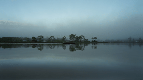 Image of a river in which a boat containing people is cruising in the distance