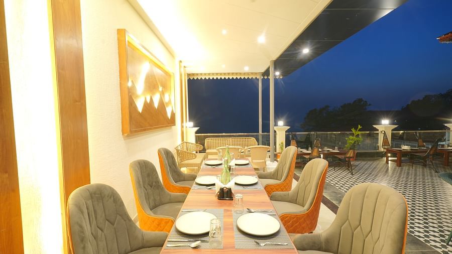 Dining area on the rooftop at DLS Oak Bush, Mussoorie.